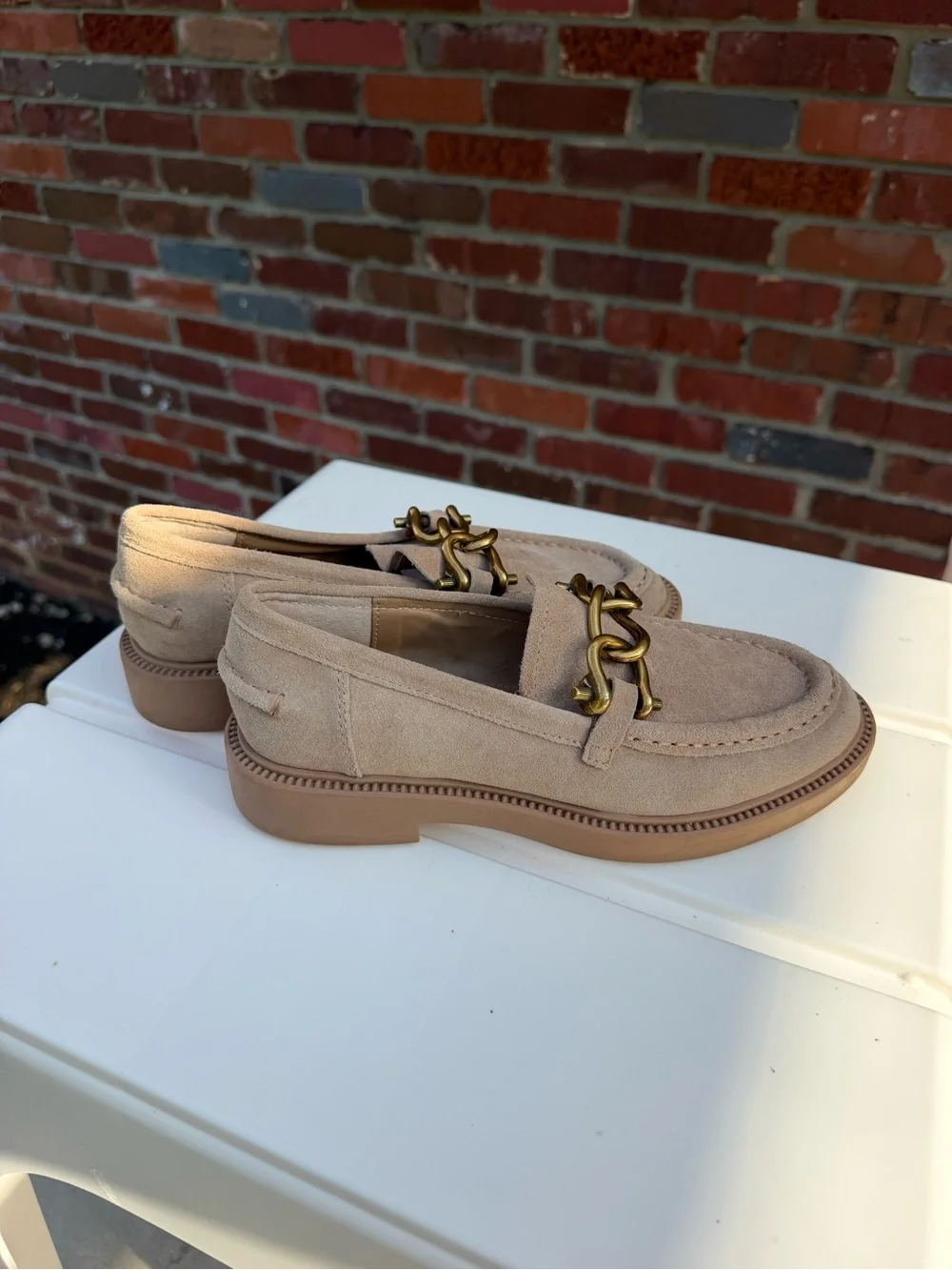 Steve Madden Women’s Suede Loafers in Taupe with Brass Chain
